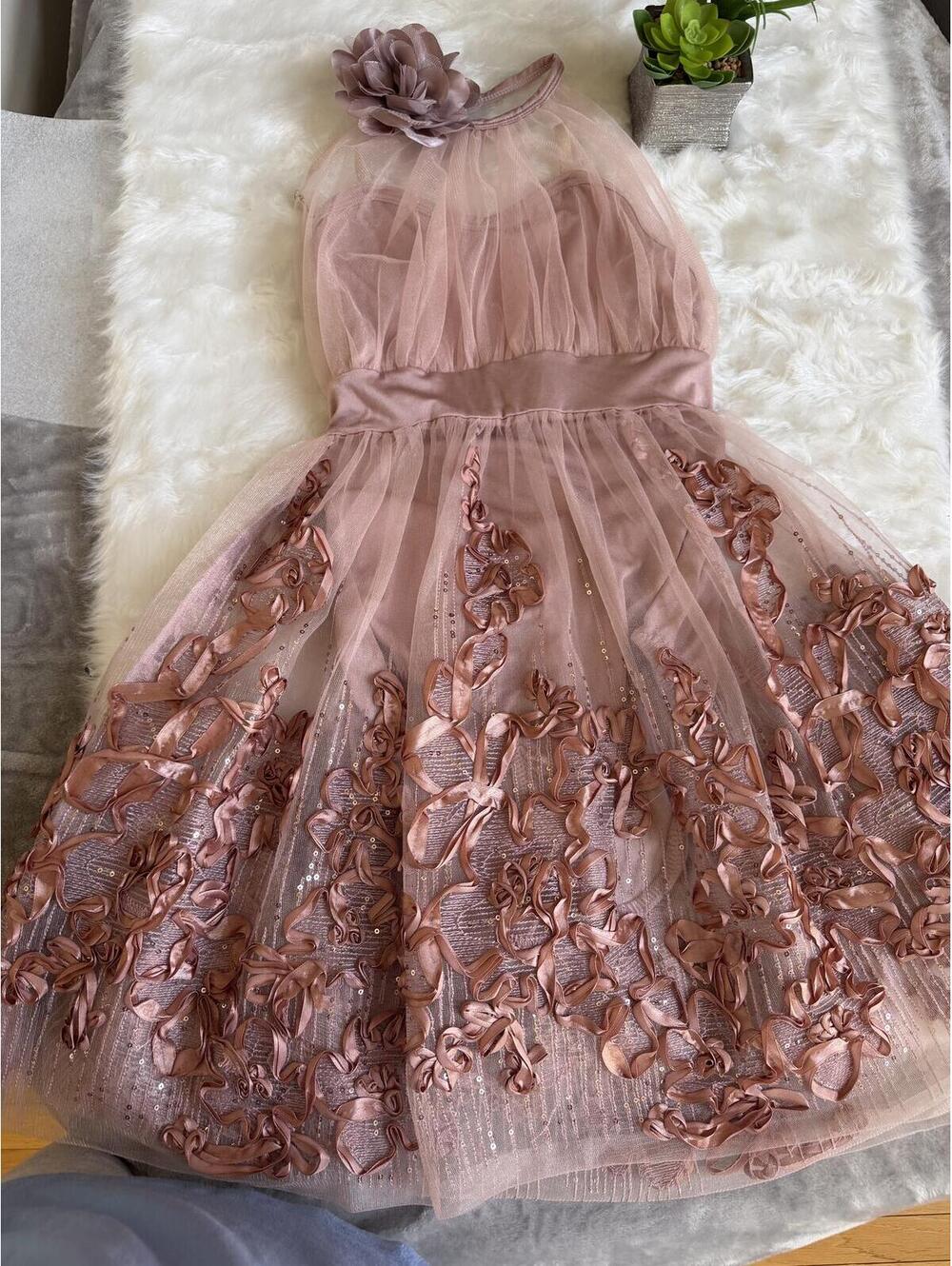 Girls’ Pink Floral Embroidered Tulle Dance Dress Size M